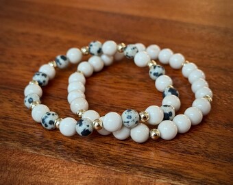 Dalmatian Jasper & Fossil Jasper Bracelet – Gold-Filled Beads – Stretch Stack – Neutral Stone Jewelry