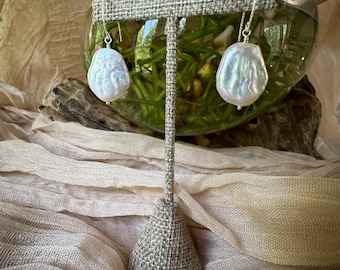 Handmade White Freshwater Pearl Drop Earrings: Sterling Silver