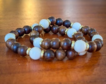 Handmade Fossil Jasper & Rosewood Bracelet | Gold-Filled Accents | Natural Stone Jewelry