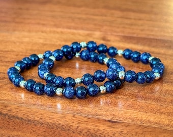 Blue Goldstone and Gold-Filled Beaded Bracelet – Midnight Sparkle Gemstone Jewelry, Handmade Stackable Bracelet