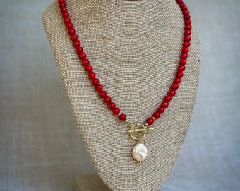 Handmade Red Coral Necklace: Peach Keishi Pearl, Gold Filled