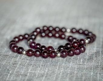 Garnet Bracelet | Sterling Silver Beaded Bracelet | Handmade Gemstone Jewelry | January Birthstone | Minimalist Stack Bracelet