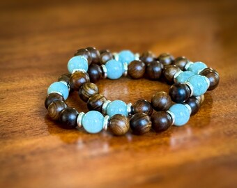 Handmade Rosewood & Burma Jade Bracelet | Sterling Silver Accents