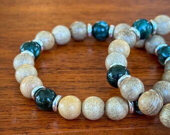 Handmade Sandalwood & Seraphinite Bracelet | Sterling Silver Beads | Natural Wood Jewelry
