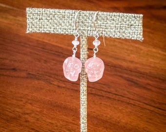 Gemstone Skull Drop Earrings, Sterling Silver Amethyst Rose Quartz Earrings