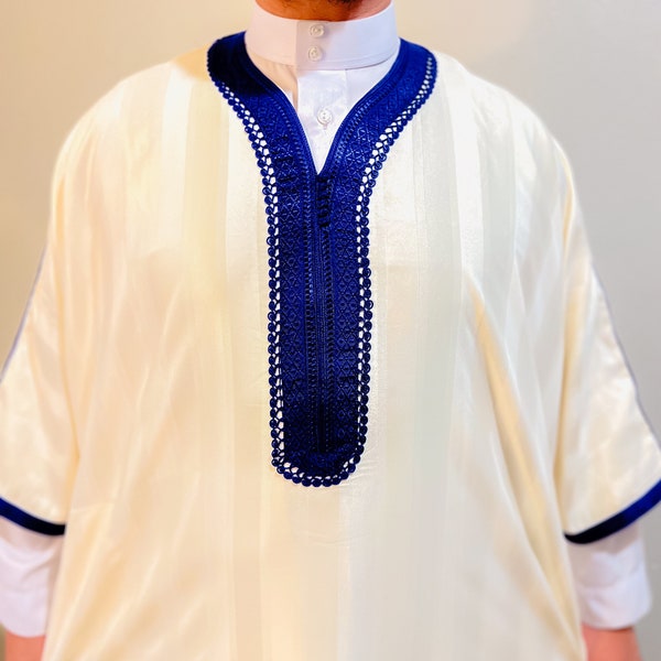 Moroccan white & blue Thobe for Men - Summer Style Marvel (Short Sleeves), Discover Pure Elegance