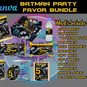 May include: A Batman party favor bundle with a variety of items, including chip bags, Capri Sun, a water bottle, Pringles, Rice Krispies, Hershey's, a gift box, gift bags, ring pops, bubbles, apple juice, and more. The items are decorated with a Batman theme and the name "Amir's 5th Birthday".