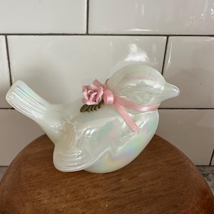 Fenton Iridescent Glass Vintage Bird with Pink Porcelain Rose Opalescent