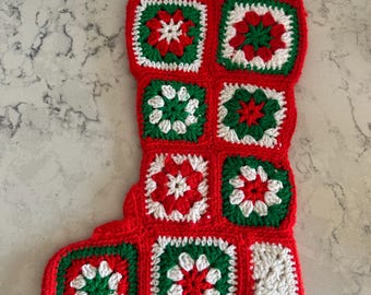 Vintage Crocheted Granny Square Christmas Stocking in Green, Red and White.  “Ho Ho”
