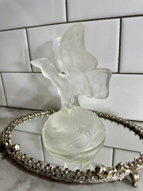 Vintage Frosted Glass Fenton Butterfly Ring Tree Holder