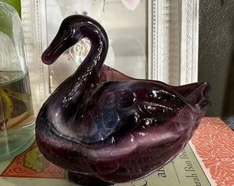 Vintage Imperial Purple Slag Glass Swan Trinket Dish