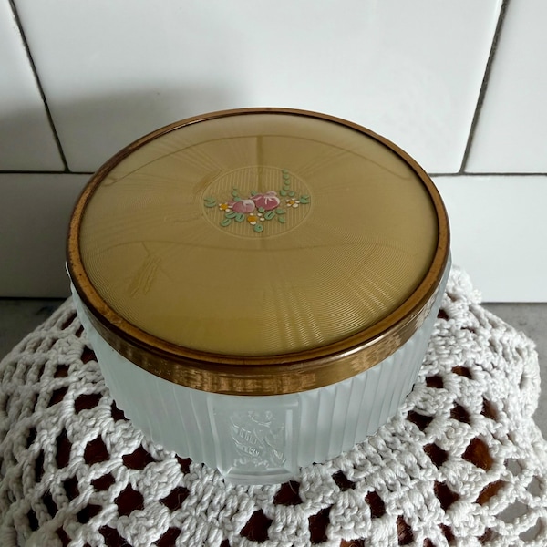 Antique Vanity Dresser Powder Jar Handpainted Round Brass Metal and Footed Frosted Glass Floral Trinket Dish Box