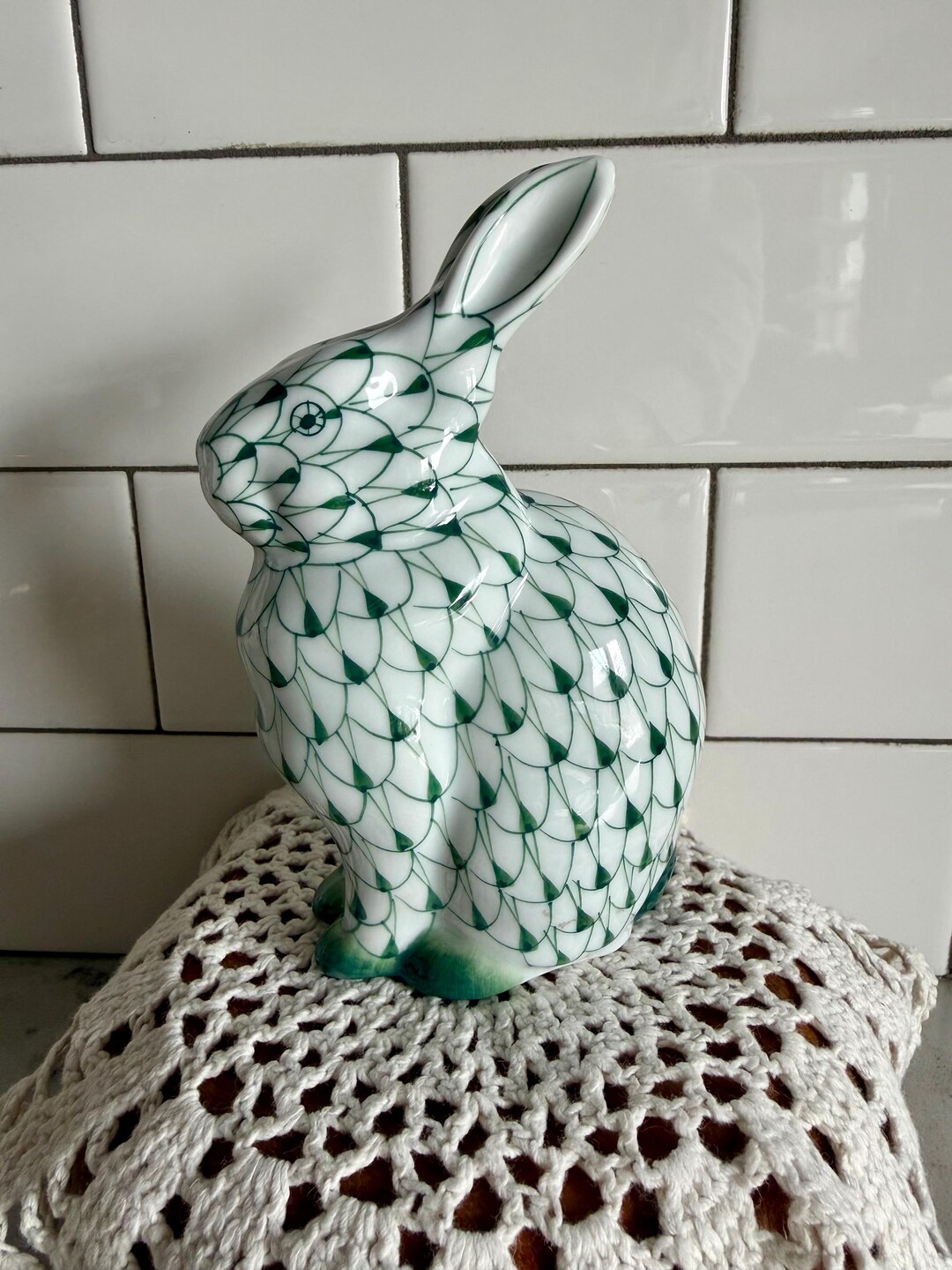 Andrea by Sadek Porcelain Fishnet Pattern Sitting Bunny Rabbit Green ...