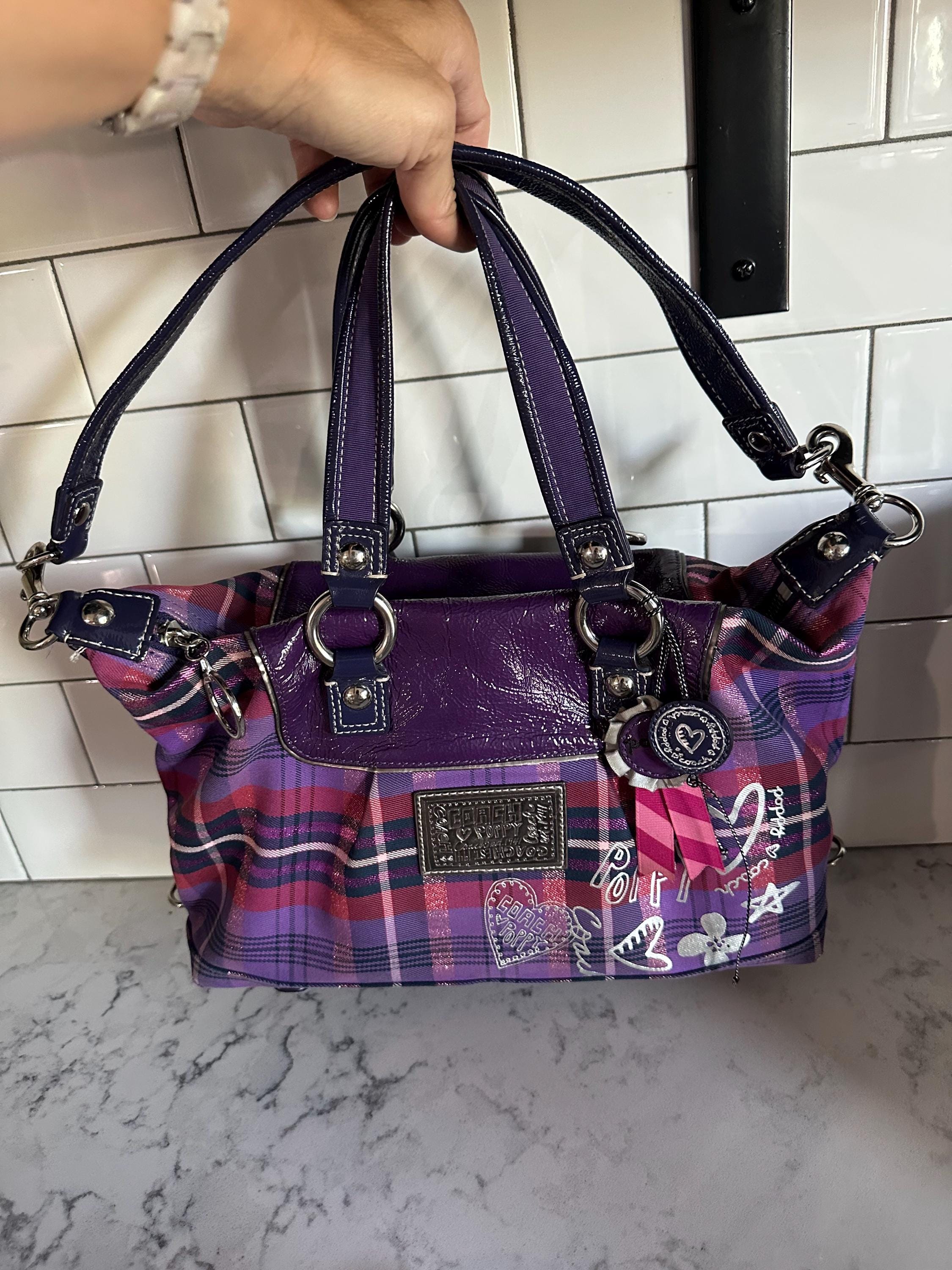 バッグ Coach Tartan Wool Plaid & Suede carryall Vintage Coach Poppy Tartan Plaid Handbag With Wristlet - Etsy