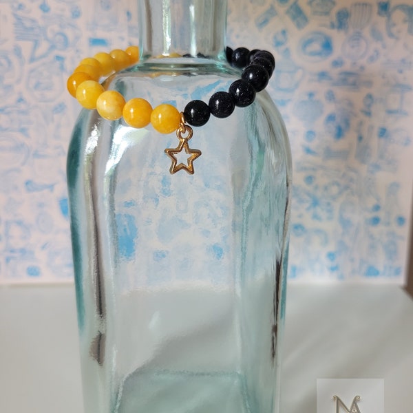 Beaded bracelets, Gemstone bracelets,  Yellow Quartz jewelry, Elastic bracelets, Gifts for her, Star charms, Blue Goldstone jewelry