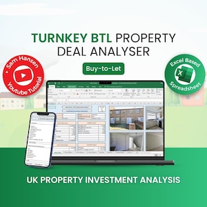 Op de afbeelding: Een laptopcomputer die een spreadsheet toont met een tool voor de analyse van vastgoedinvesteringen. De spreadsheet heeft de titel "Turnkey BTL Property Deal Analyser" en bevat een "Buy-to-Let" sectie. De laptop staat op een groene achtergrond met een rode cirkel die een play-knop en de tekst "Sam Hansen Youtube Tutorial" bevat. Een groene cirkel met een witte "X" en de tekst "Excel Based Spreadsheet" bevindt zich in de rechterbovenhoek.