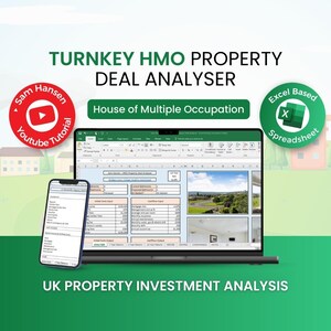 Pode incluir: Uma tela de laptop verde e branca exibindo uma planilha com o título "Turnkey HMO Property Deal Analyser". A planilha é para uma "House of Multiple Occupation" e inclui uma seção para "Initial Costs Input" e "Cashflow Output". O laptop está em um fundo verde com um círculo verde e branco que diz "Excel Based Spreadsheet" e um círculo verde e branco que diz "Sam Hansen Youtube Tutorial".
