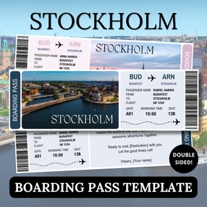 Modèle de carte d'embarquement pour Stockholm, billet surprise pour partenaire, document de voyage avion cadeau modifiable Canva, bon d'achat pour la Suède à impression numérique