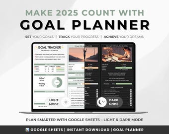 Goal Planner 2025 | Digital Habit Tracker in Google Sheets | Notion Productivity Planner | SMART Goal Setting Template | Light & Dark Mode