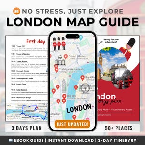 Guía de mapas de Londres e itinerario de 3 días / Planificador de viajes digital / Guía turística en formato libro electrónico compatible con dispositivos móviles con más de 50 ubicaciones