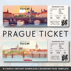Redigerbart boardingkort för Prag | Biljettmall | Överraskningspresent till din partner eller vän | Lätt anpassningsbar | Canva direktnedladdning
