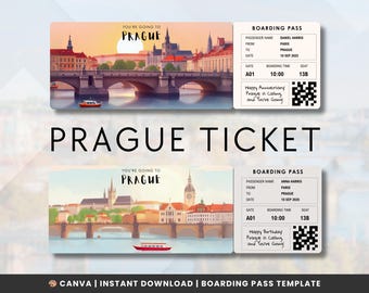 Editable Prague Boarding Pass | Ticket Template  | Surprise Gift for Your Partner or Friend | Easily Customizable | Canva Instant Download