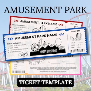 Vergnügungspark druckbares Ticket, bearbeitbare Geburtstagseinladung Geschenkkarte, Thema Jubiläumsfeier Vorlage, sofortiger digitaler Download