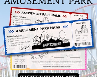 Amusement Park Printable Ticket, Editable Birthday Invitation Gift Card, Theme Anniversary Celebration Template, Instant Digital Download