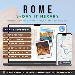 Rome 3-Day Travel Planner | Digital Itinerary Bundle | Rome Itinerary Google Sheets | Budget Tracker & Packing List