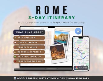 Rome 3-Day Travel Planner | Digital Itinerary Bundle | Rome Itinerary Google Sheets | Budget Tracker & Packing List