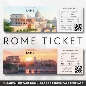 Modello di biglietto/carta d'imbarco modificabile per Roma/regalo a sorpresa per il tuo partner o amico/facilmente personalizzabile/download immediato di Canva