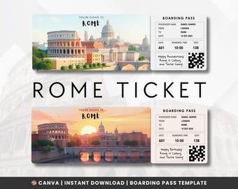Editable Rome Boarding Pass | Ticket Template | Surprise Gift for Your Partner or Friend | Easily Customizable | Canva Instant Download