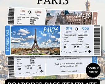 Paris-Bordkarte-Vorlage, Überraschungsticket für Partner, bearbeitbares Canva-Geschenk-Flugzeug-Reisedokument, Digitaldruck-Frankreich-Gutschein