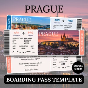 Prag Bordkarte Vorlage, Überraschungsticket für Partner, Canva bearbeitbares Geschenkflugzeug Reisedokument, Digitaldruck Schweden Gutschein
