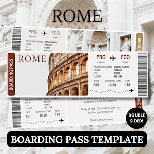Modèle de carte d'embarquement pour Rome, billet surprise pour partenaire, document de voyage avion-cadeau modifiable Canva, bon d'achat pour l'Italie à impression numérique
