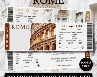 Modello di carta d'imbarco per Roma, biglietto a sorpresa per il partner, documento di viaggio aereo modificabile con Canva, voucher digitale per l'Italia
