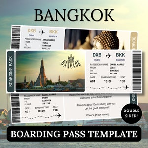 Szablon karty pokładowej Bangkok, bilet niespodzianka dla partnera, Canva edytowalny prezent samolotowy dokument podróży, bon na Tajlandię