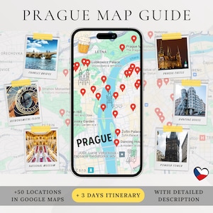 Guide de la carte de la ville de Prague et itinéraire de 3 jours, ensemble d'agendas numériques pour votre voyage en République tchèque, plan de visite quotidienne sur mobile, étape par étape