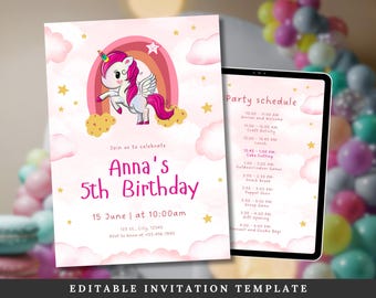 Little Girl's Magical Birthday Invitation Template for Celebration Party - Pony Rainbow Editable Ticket, Personalised Printable Card