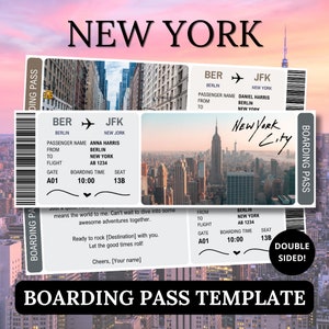 New York Bordkarte Vorlage, Überraschungsticket für Partner, Canva bearbeitbares Geschenkflugzeug-Reisedokument, Digitaldruck Amerika USA-Gutschein