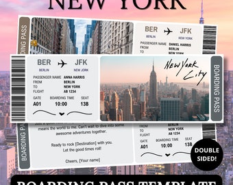New York Boarding Pass Template, Surprise Ticket For Partner, Canva Editable Gift Plane Travel Document, Digital Print America USA Voucher