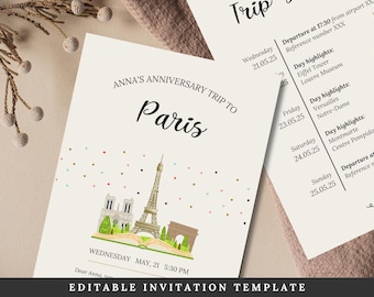Paris Anniversary Surprise Card | Invitation Ticket for Partner or Friend - Birthday Idea | Easily Editable Template | Instant Download