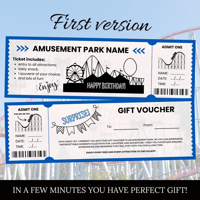 Amusement Park Printable Ticket, Editable Birthday Invitation Gift Card ...