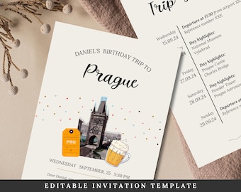 Prague Birthday Surprise Card | Invitation Ticket for Partner or Friend - Anniversary Idea | Easily Editable Template | Instant Download