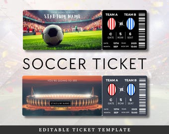 Printable Soccer Ticket Template | Easily Fully Editable Football Match Gift Voucher | Birthday Personalized Gift Idea | Instant Download