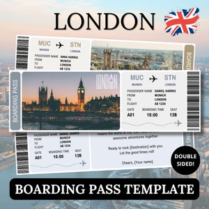 Modello di carta d'imbarco di Londra, biglietto a sorpresa per il partner, documento di viaggio aereo regalo modificabile Canva, buono stampa digitale per l'Inghilterra