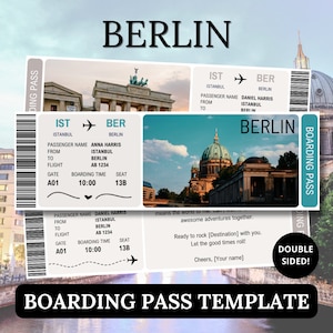 Berlin Bordkarte Vorlage, Überraschungsticket für Partner, Canva bearbeitbares Geschenkflugzeug Reisedokument, Digitaldruck Deutschland Gutschein