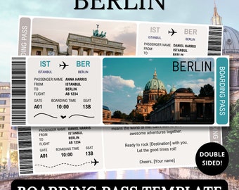 Berlin Bordkarte Vorlage, Überraschungsticket für Partner, Canva bearbeitbares Geschenkflugzeug Reisedokument, Digitaldruck Deutschland Gutschein