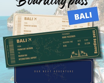 Bali-instapticket, verrassing voor partnersjabloon, Canva bewerkbaar cadeau-vliegticket