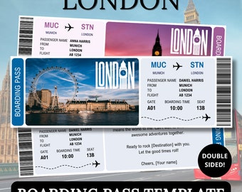 London Boarding Pass-sjabloon, verrassingsticket voor partner, Canva bewerkbaar cadeauvliegtuigreisdocument, digitale print Engeland-voucher